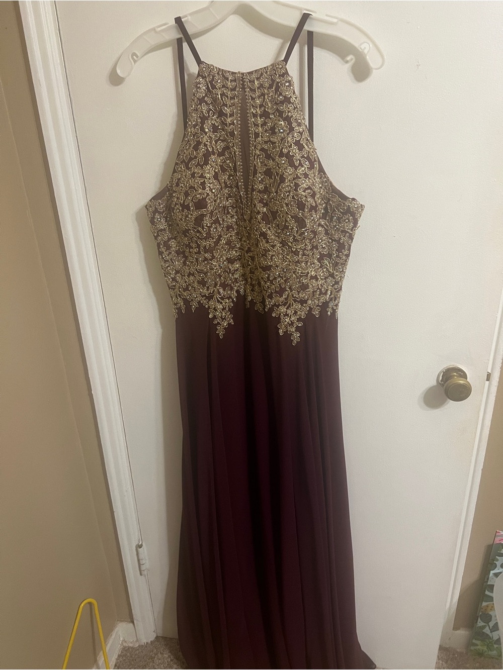 Gold Lace Halter Evening Dress in Burgundy